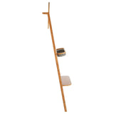 A tall, wooden ladder-style towel rack featuring two shelves and a mirror at the top. The wood has a natural finish, showcasing its grain, and the design is minimalist and modern, suitable for home decor