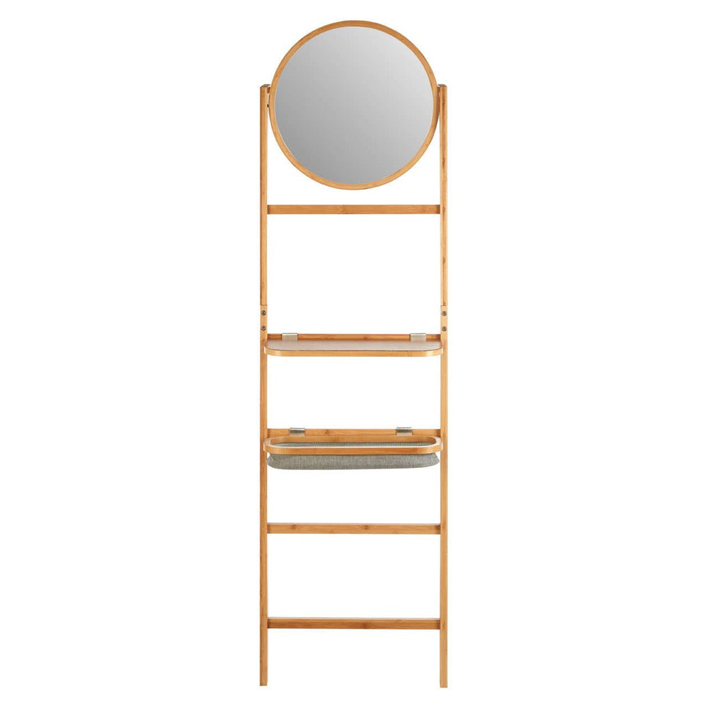 A wooden ladder-style towel rack featuring a round mirror at the top, with three horizontal shelves for storage or display. The natural wood finish gives it a warm and modern look, suitable for home decor