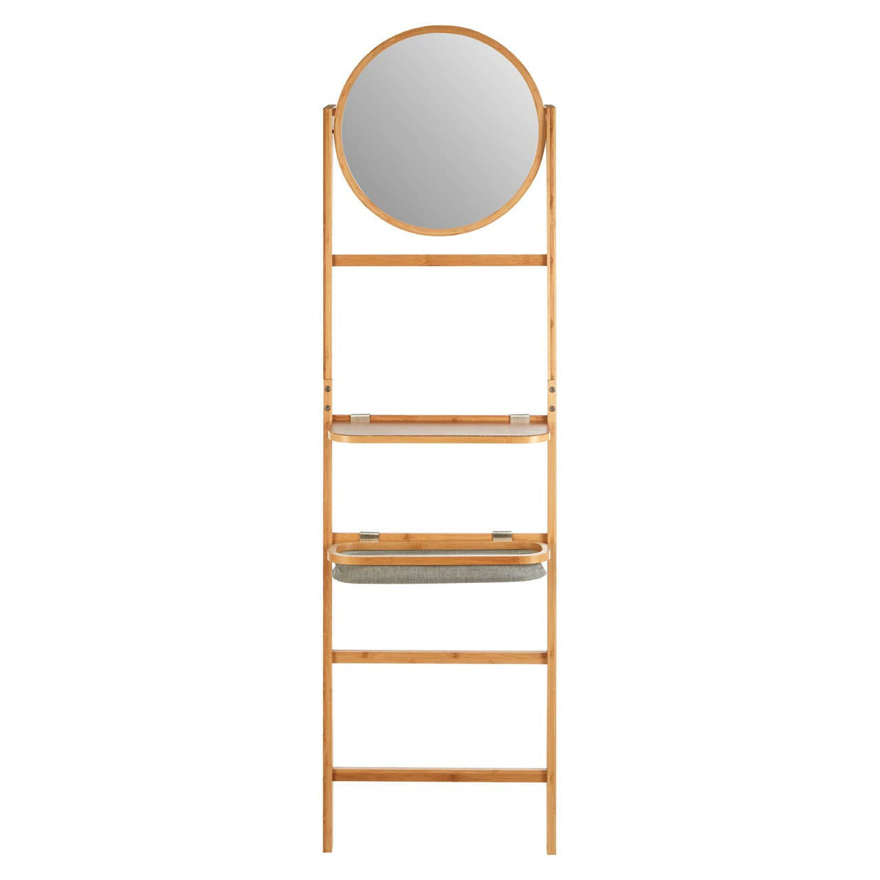 A wooden ladder-style towel rack featuring a round mirror at the top, with three horizontal shelves for storage or display. The natural wood finish gives it a warm and modern look, suitable for home decor