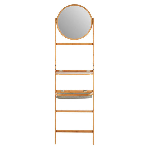 A wooden ladder-style towel rack featuring a round mirror at the top, with three horizontal shelves for storage or display. The natural wood finish gives it a warm and modern look, suitable for home decor