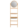 A wooden ladder-style towel rack featuring a round mirror at the top, with three horizontal shelves for storage or display. The natural wood finish gives it a warm and modern look, suitable for home decor