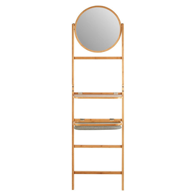 A wooden ladder-style towel rack featuring a round mirror at the top, with three horizontal shelves for storage or display. The natural wood finish gives it a warm and modern look, suitable for home decor