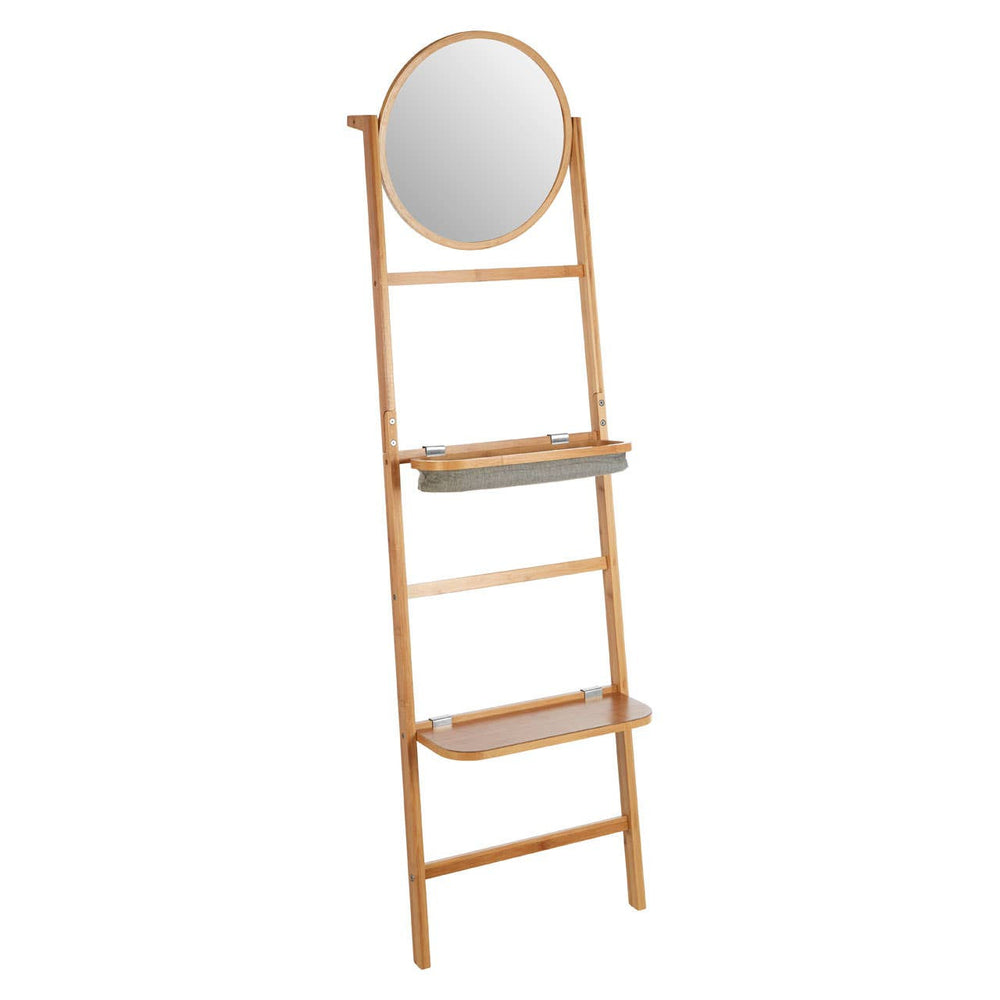 A wooden ladder-style towel rack featuring three horizontal shelves and a round mirror at the top. The rack has a natural wood finish, showcasing a simple and modern design suitable for home decor