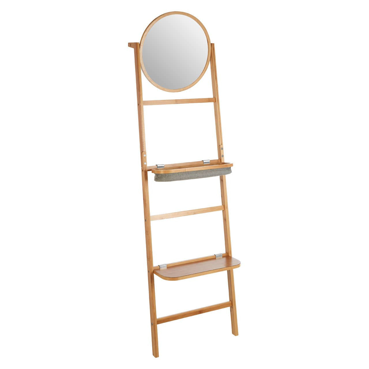 A wooden ladder-style towel rack featuring three horizontal shelves and a round mirror at the top. The rack has a natural wood finish, showcasing a simple and modern design suitable for home decor
