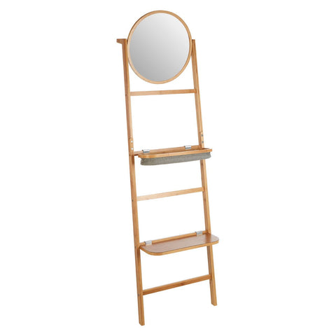 A wooden ladder-style towel rack featuring three horizontal shelves and a round mirror at the top. The rack has a natural wood finish, showcasing a simple and modern design suitable for home decor