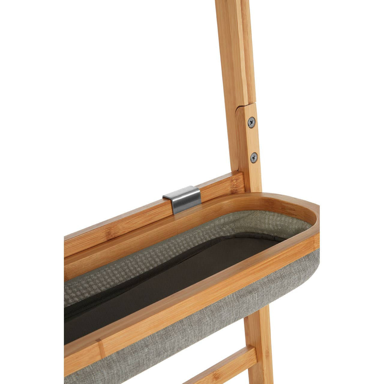 A wooden ladder towel rack featuring a mirror at the top and a fabric basket at the bottom, designed for storing towels or other items. The structure is made of light-colored wood, showcasing a natural finish, while the basket has a gray fabric lining