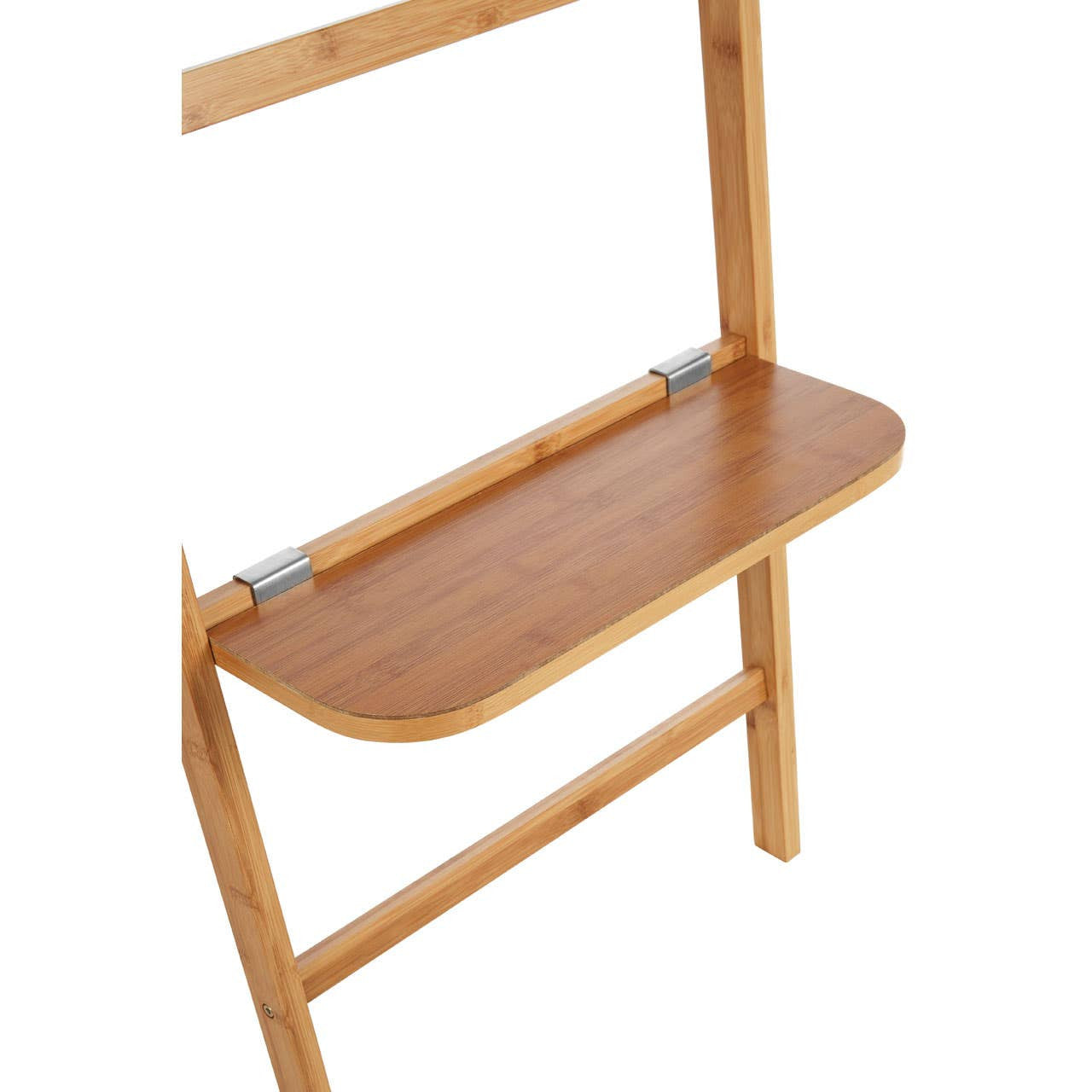 Ladder-style towel rack featuring a natural wood finish, a horizontal shelf for towels, and a mirror attached to the top. The design is minimalist and modern, suitable for bathroom or living space decor