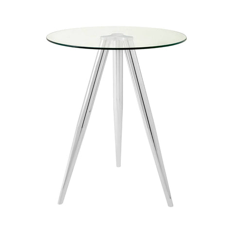 Round glass bar table featuring a clear glass top and sleek chrome legs, designed with a modern aesthetic and three tapered legs for stability