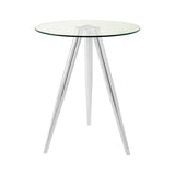 Round glass bar table featuring a clear glass top and sleek chrome legs, designed with a modern aesthetic and three tapered legs for stability