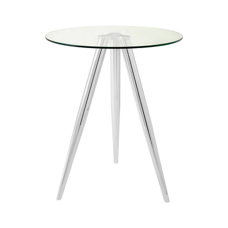 Round glass bar table featuring a clear glass top and sleek chrome legs, designed with a modern aesthetic and three tapered legs for stability