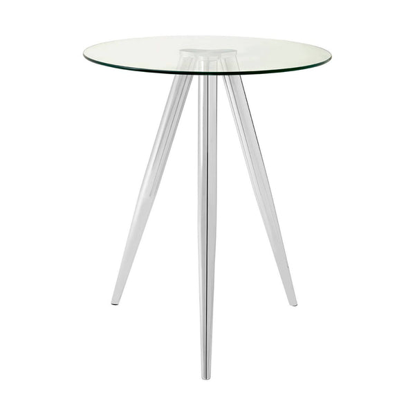Round glass bar table featuring a clear glass top and sleek chrome legs, designed with a modern aesthetic and a minimalist style. The table stands on three tapered legs, providing stability and elegance