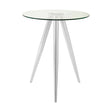 Round glass bar table featuring a clear glass top and sleek chrome legs, designed with a modern aesthetic and a minimalist style. The table stands on three tapered legs, providing stability and elegance