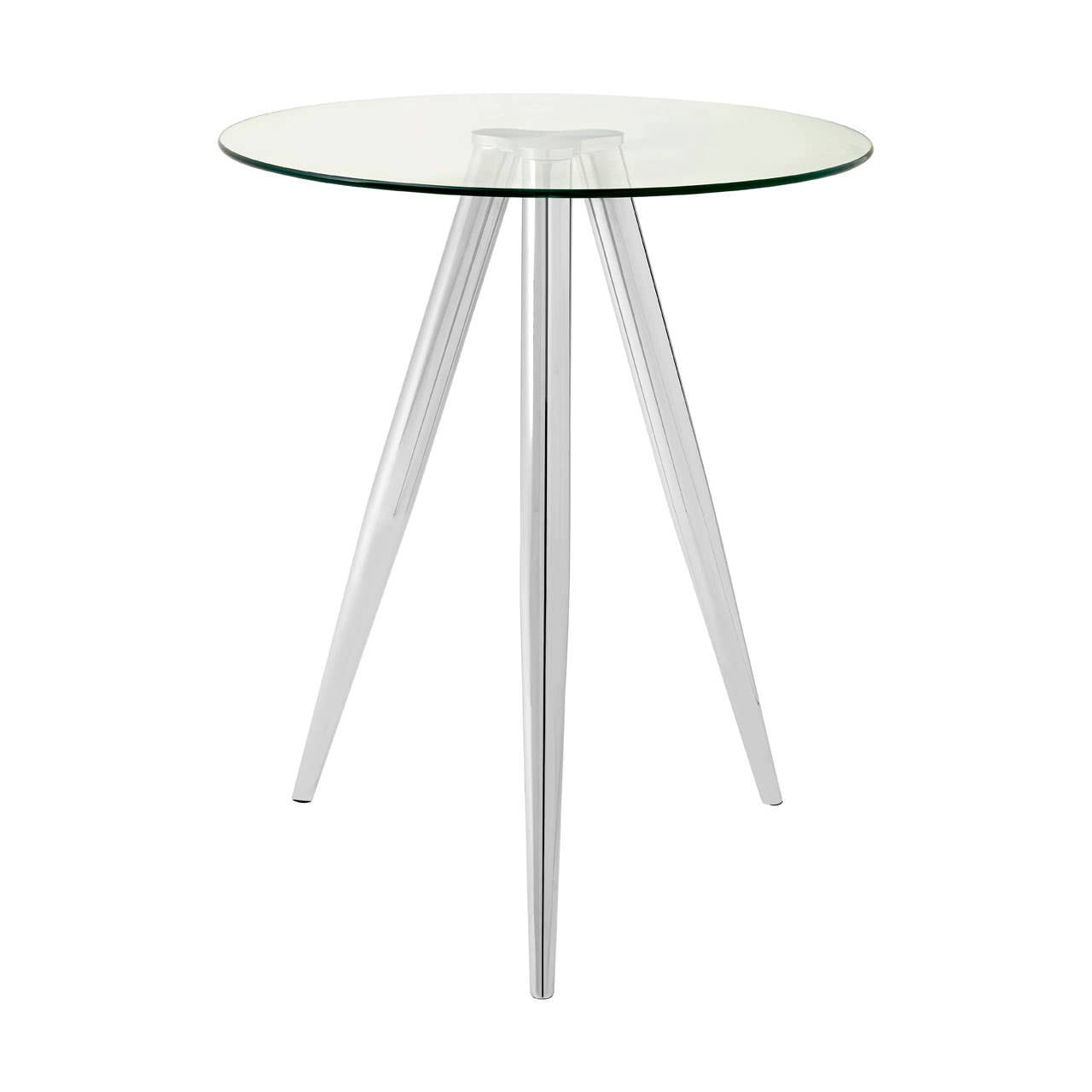 Round glass bar table featuring a clear glass top and sleek chrome legs, designed with a modern aesthetic and a minimalist style. The table stands on three tapered legs, providing stability and elegance