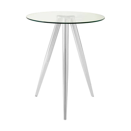 Round glass bar table featuring a clear glass top and sleek chrome legs, designed with a modern aesthetic and a minimalist style. The table stands on three tapered legs, providing stability and elegance