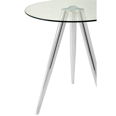 Round glass bar table featuring a sleek, transparent top supported by three shiny chrome legs, creating a modern and elegant look suitable for various home settings