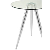 Round glass bar table featuring a sleek, transparent top supported by three shiny chrome legs, creating a modern and elegant look suitable for various home settings