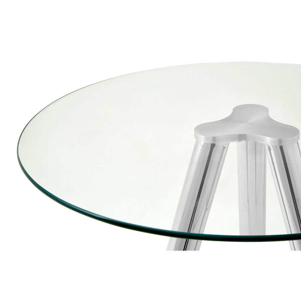 Round glass bar table featuring a sleek, transparent top and modern chrome legs, showcasing a minimalist design suitable for contemporary spaces