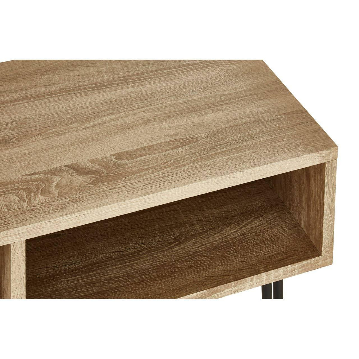 Oak effect coffee table corner with open storage shelf and wood grain finish