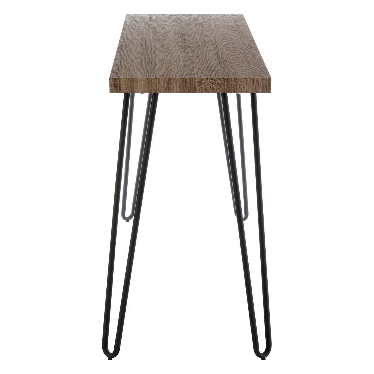 Narrow side table with wood-effect top and black metal hairpin legs, front view