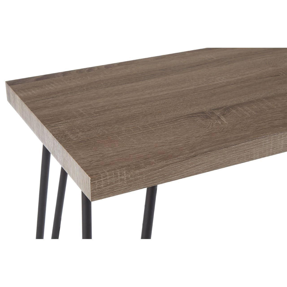 Rectangular wooden table top with black metal hairpin legs, angled side view
