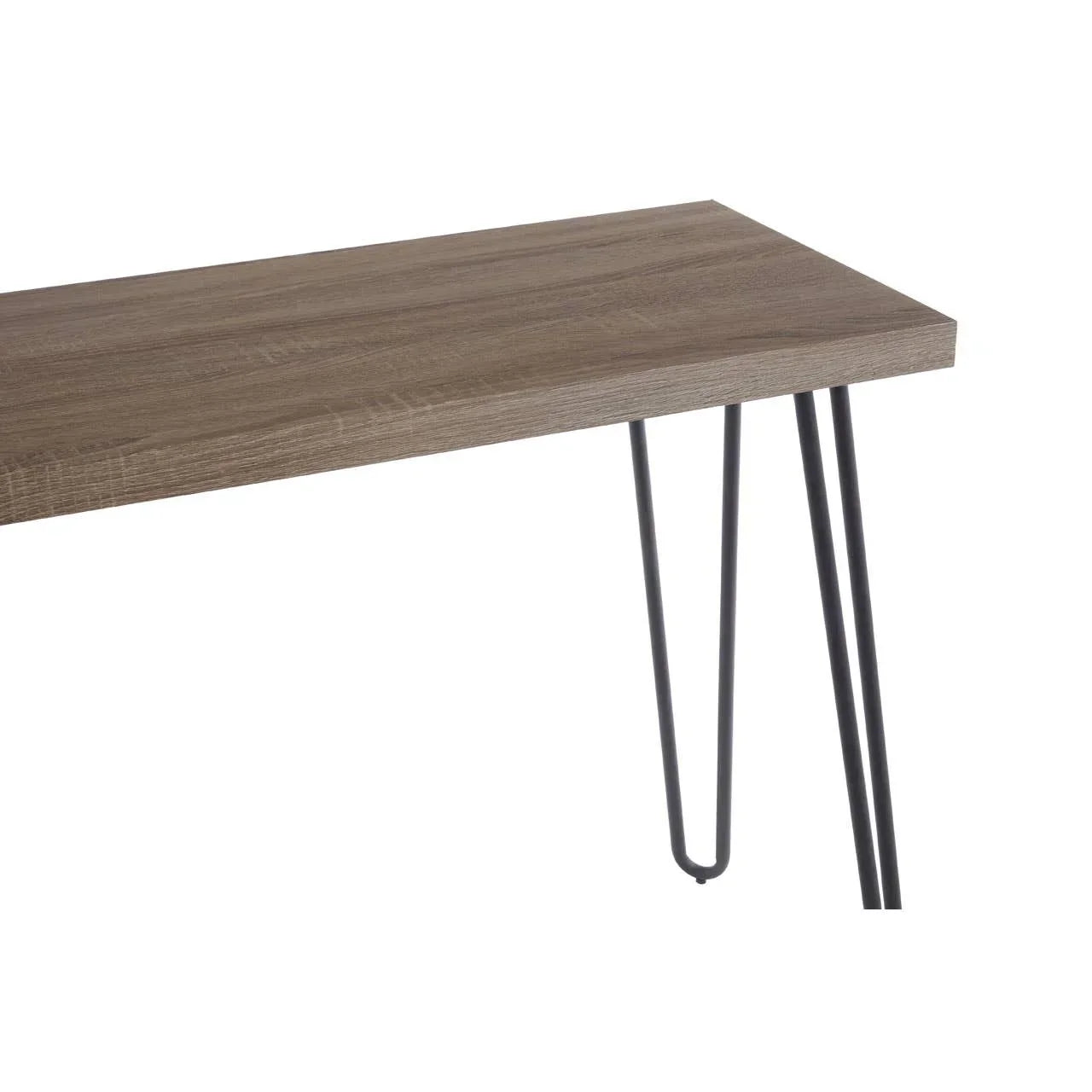 Wooden console table with black metal hairpin legs, close-up of tabletop and corner