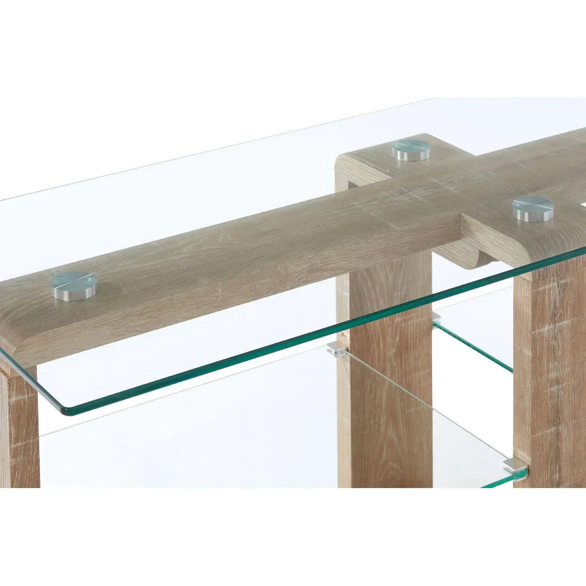 Glass console table with wooden frame and metal accents, close-up of top and shelf