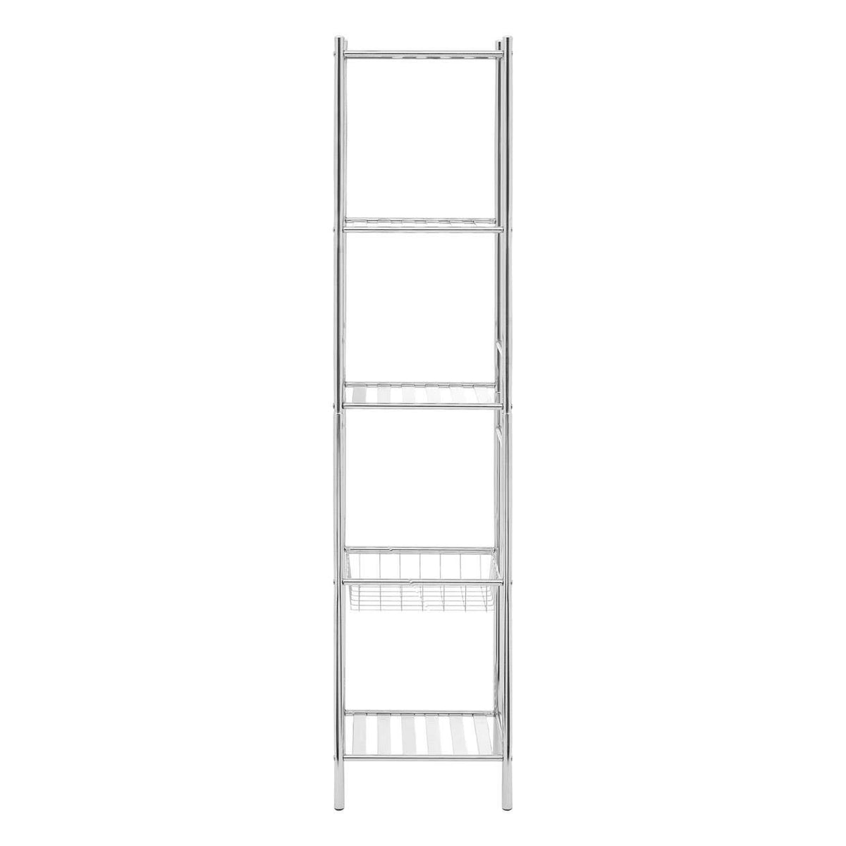 Five-tier chrome shelf unit featuring a sleek, modern design with open shelves and a woven basket at the bottom for storage. The unit has a shiny chrome finish and a tall, narrow profile suitable for various spaces