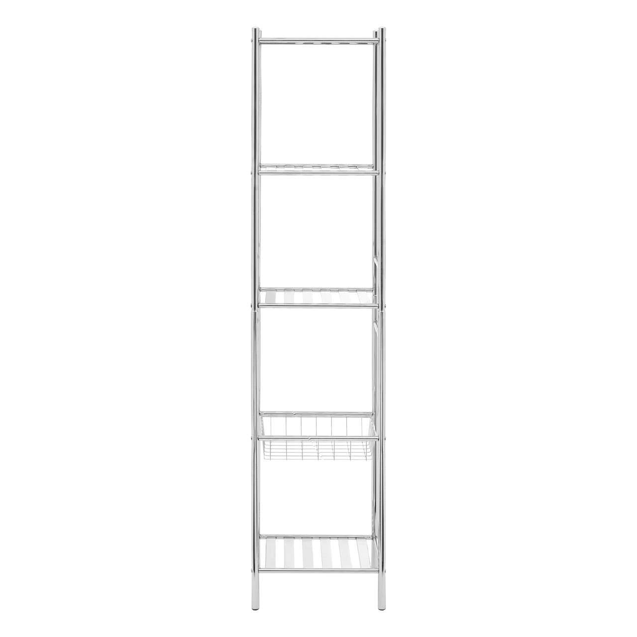 Five-tier chrome shelf unit featuring a sleek, modern design with open shelves and a woven basket at the bottom for storage. The unit has a shiny chrome finish and a tall, narrow profile suitable for various spaces
