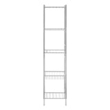 Five-tier chrome shelf unit featuring a sleek, modern design with open shelves and a woven basket at the bottom for storage. The unit has a shiny chrome finish and a tall, narrow profile suitable for various spaces