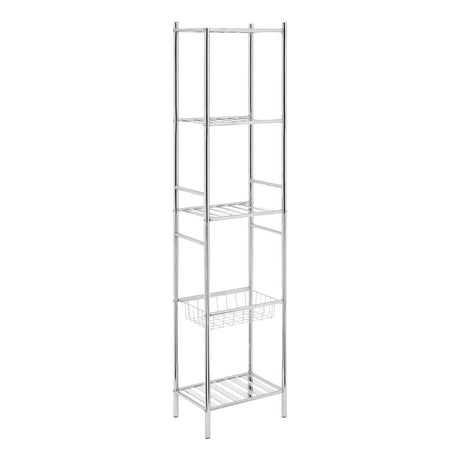 Five-tier chrome shelf unit featuring a sleek, modern design with open shelving and a woven basket on the bottom shelf, ideal for storage and organization in any room