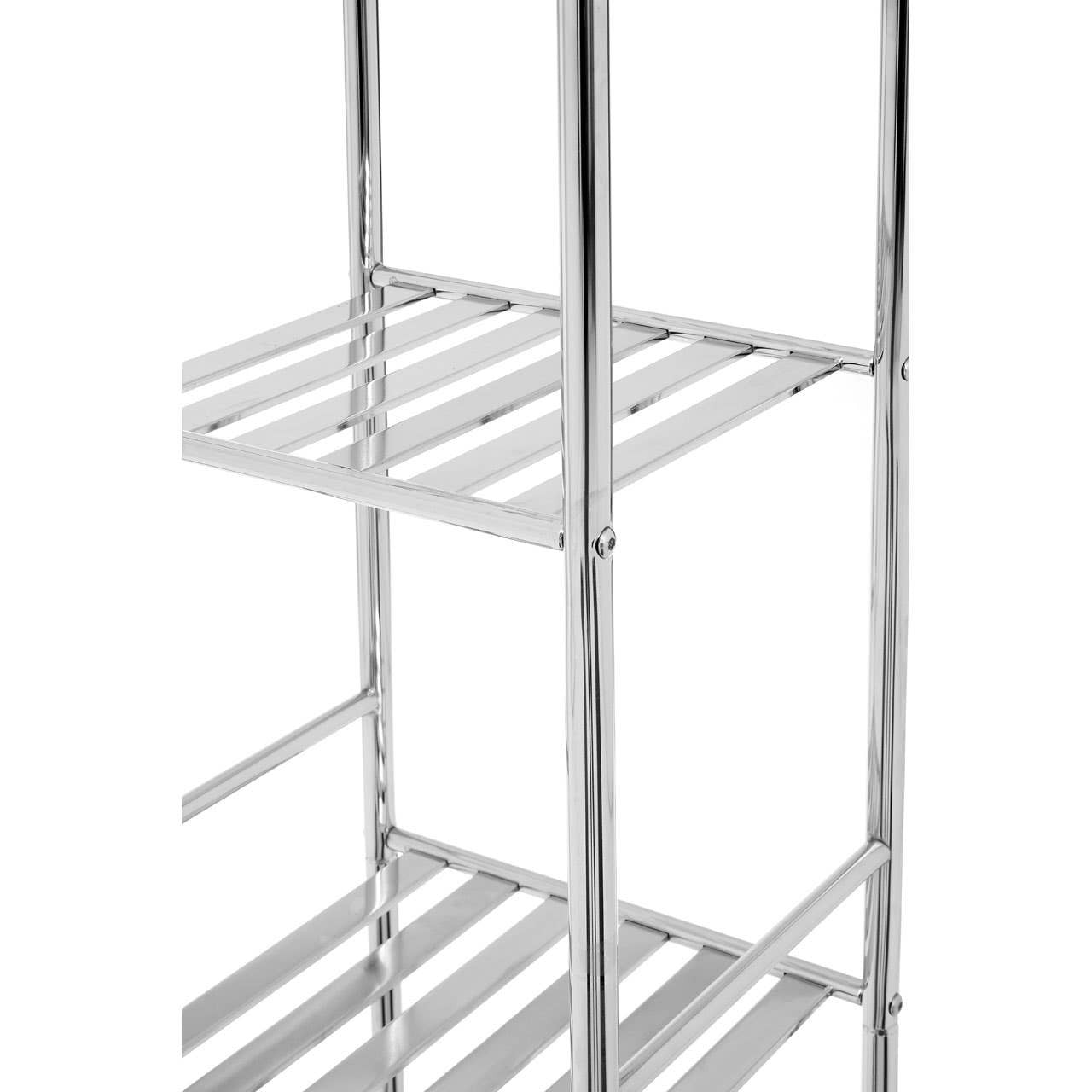 Five-tier chrome shelf unit featuring sleek, open shelves with a modern design. The unit includes a woven basket at the bottom for additional storage. The chrome finish adds a contemporary touch, making it suitable for various home decor styles