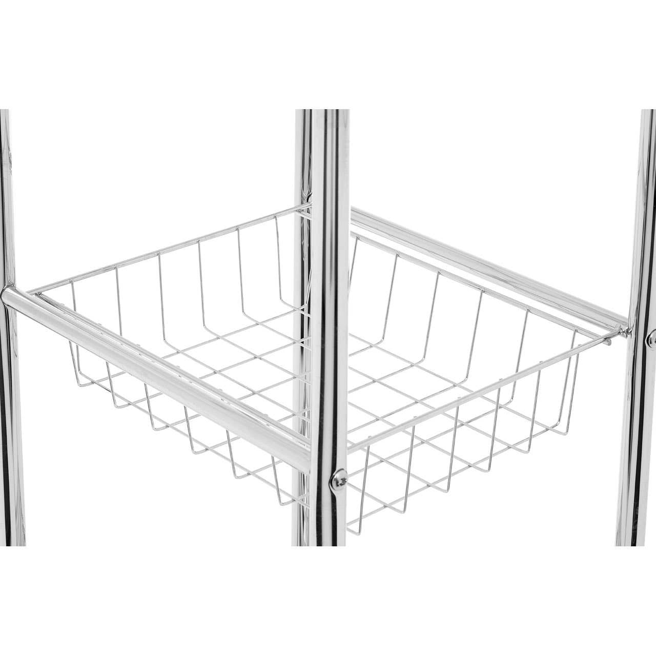 Five-tier chrome shelf unit featuring a wire basket on one of the shelves. The unit has a sleek, modern design with shiny chrome finish and open shelving for easy access and visibility. The wire basket is positioned in the center, ideal for storing smaller items