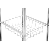 Five-tier chrome shelf unit featuring a wire basket on one of the shelves. The unit has a sleek, modern design with shiny chrome finish and open shelving for easy access and visibility. The wire basket is positioned in the center, ideal for storing smaller items