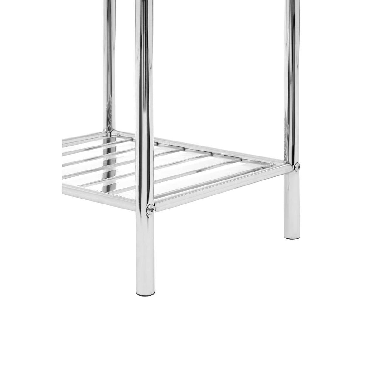 Five-tier chrome shelf unit featuring a sleek, modern design with a sturdy frame and a wire basket on the bottom shelf. The unit has a polished chrome finish and open shelving for easy access and visibility of stored items