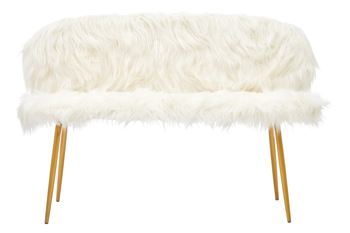 A two-seat sofa featuring a plush white faux fur upholstery and sleek gold finish legs, designed for a modern and stylish look. The sofa has a rounded backrest and a minimalist silhouette, making it suitable for various interior decor styles