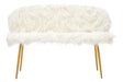 A two-seat sofa featuring a plush white faux fur upholstery and sleek gold finish legs, designed for a modern and stylish look. The sofa has a rounded backrest and a minimalist silhouette, making it suitable for various interior decor styles