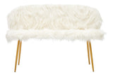 A two-seat sofa featuring a plush white faux fur upholstery and sleek gold finish legs, designed for a modern and stylish look. The sofa has a rounded backrest and a minimalist silhouette, making it suitable for various interior decor styles