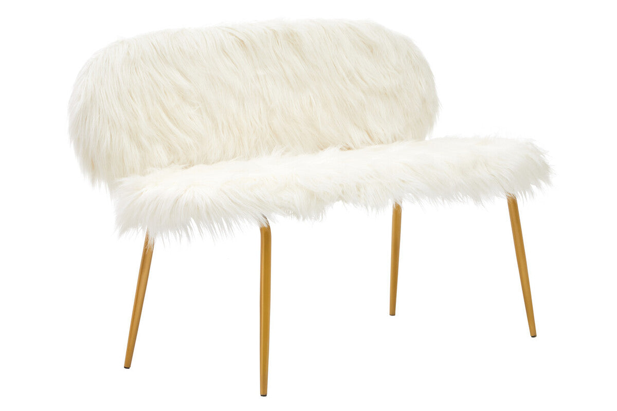 A two-seat sofa featuring a plush white faux fur upholstery and elegant gold finish legs, designed with a rounded backrest and a sleek, modern silhouette