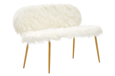 A two-seat sofa featuring a plush white faux fur upholstery and elegant gold finish legs, designed with a rounded backrest and a sleek, modern silhouette