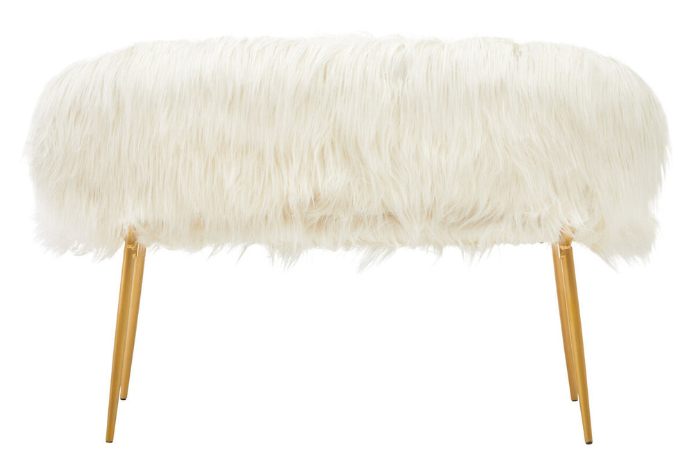 A two-seat sofa upholstered in soft white faux fur, featuring a plush, rounded backrest and seat. The sofa is supported by sleek gold finish legs that add a modern touch to its design