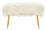 A two-seat sofa upholstered in soft white faux fur, featuring a plush, rounded backrest and seat. The sofa is supported by sleek gold finish legs that add a modern touch to its design