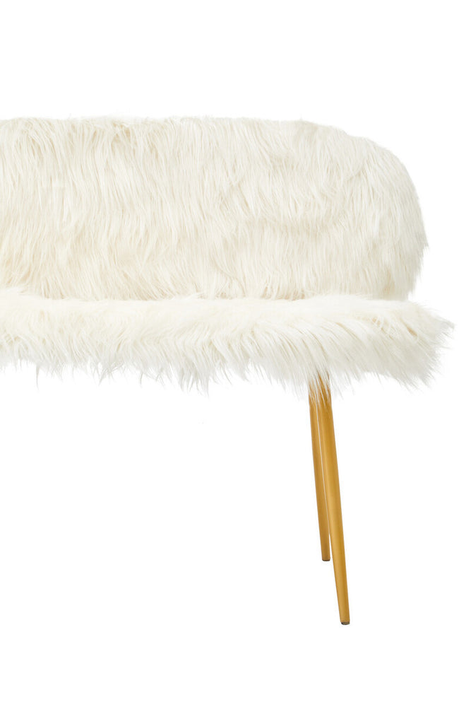 A plush white faux fur two-seat sofa featuring sleek gold finish legs, showcasing a modern and luxurious design. The soft texture of the upholstery contrasts with the shiny metallic legs, creating an elegant look suitable for contemporary home decor