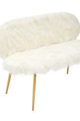 A two-seat sofa featuring a plush white faux fur upholstery with a rounded backrest and soft seating surface, supported by sleek gold finish legs. The design is modern and elegant, ideal for contemporary home decor