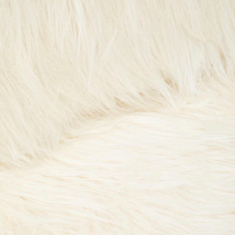 Soft white faux fur upholstery with a plush texture, showcasing a close-up view of the fabric. The fibers appear fluffy and inviting, highlighting the luxurious feel