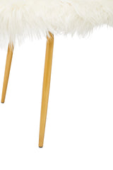 A close-up view of the legs of a white faux fur sofa, showcasing the soft texture of the upholstery and the sleek gold finish of the legs. The legs are tapered and provide a modern contrast to the plush seating