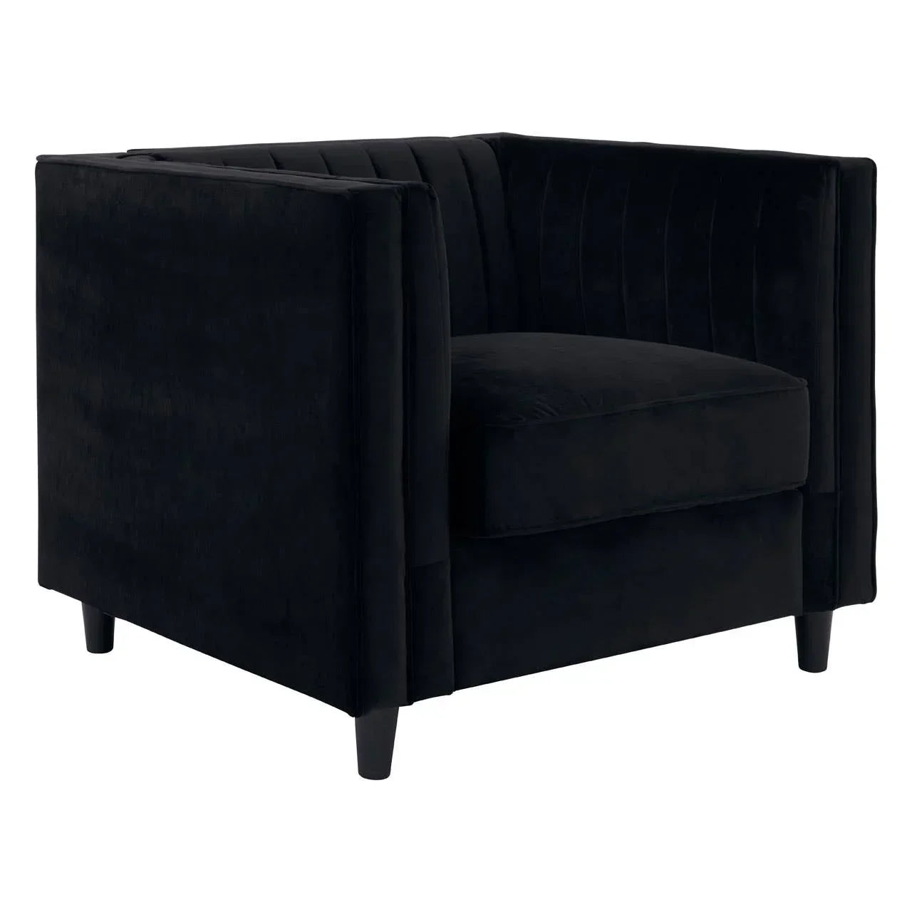 Black velvet armchair with square arms and stitched backrest, shown at an angle