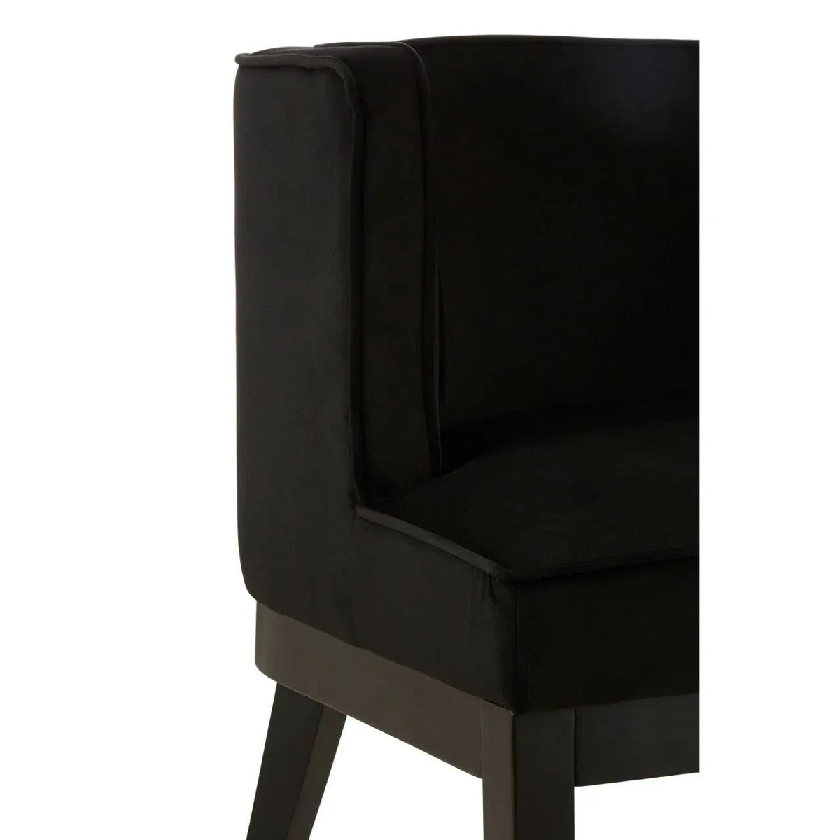 Black velvet dining chair with high curved back and dark wooden legs, close up view
