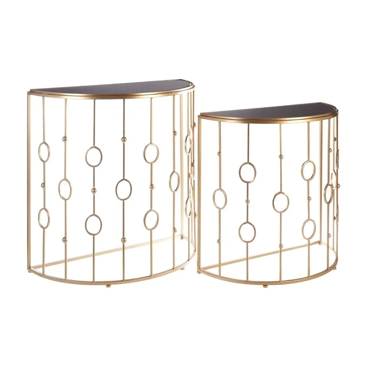 Set of two gold metal half-moon console tables with geometric circle frames and dark tops