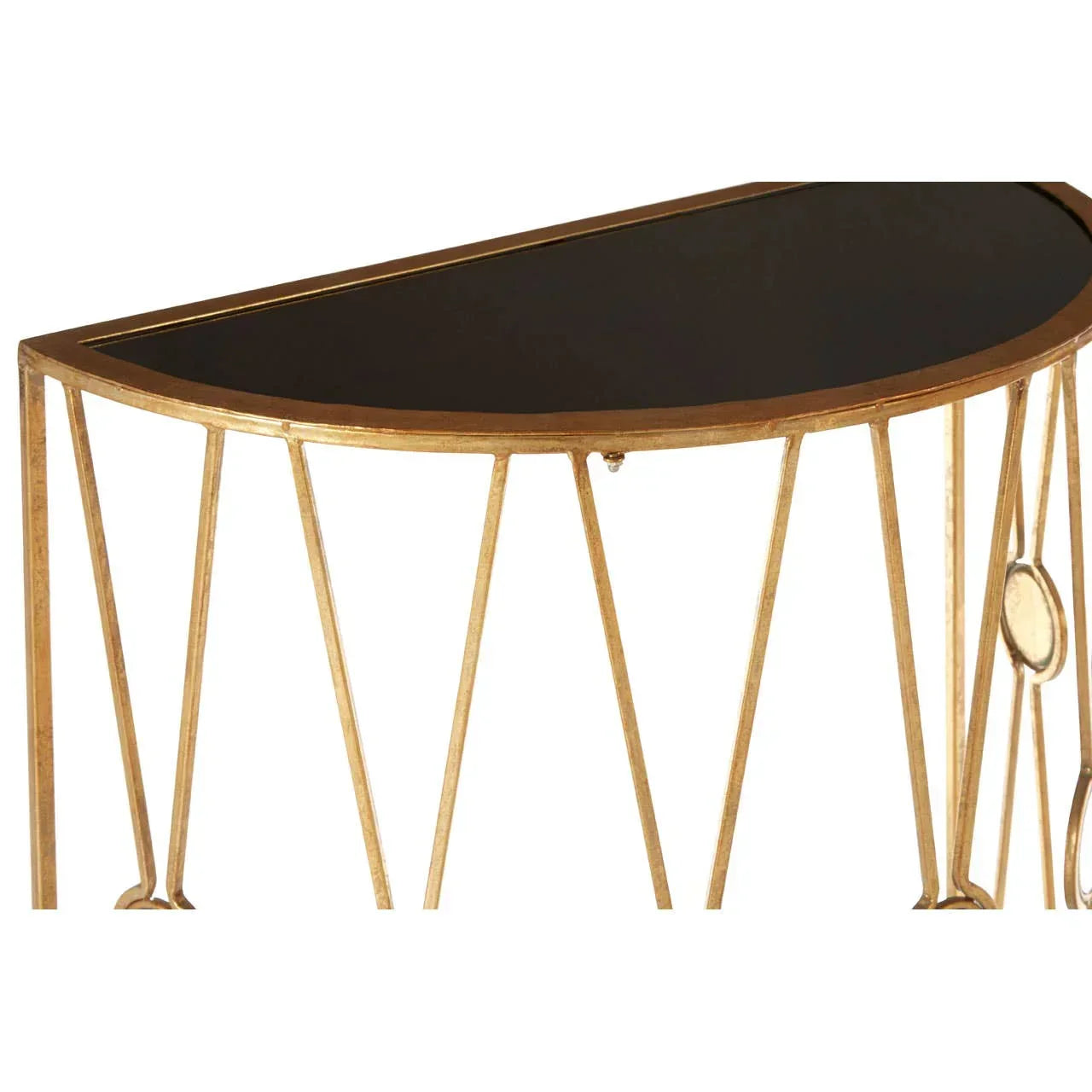 Half-moon console table with black glass top and gold metal frame detail