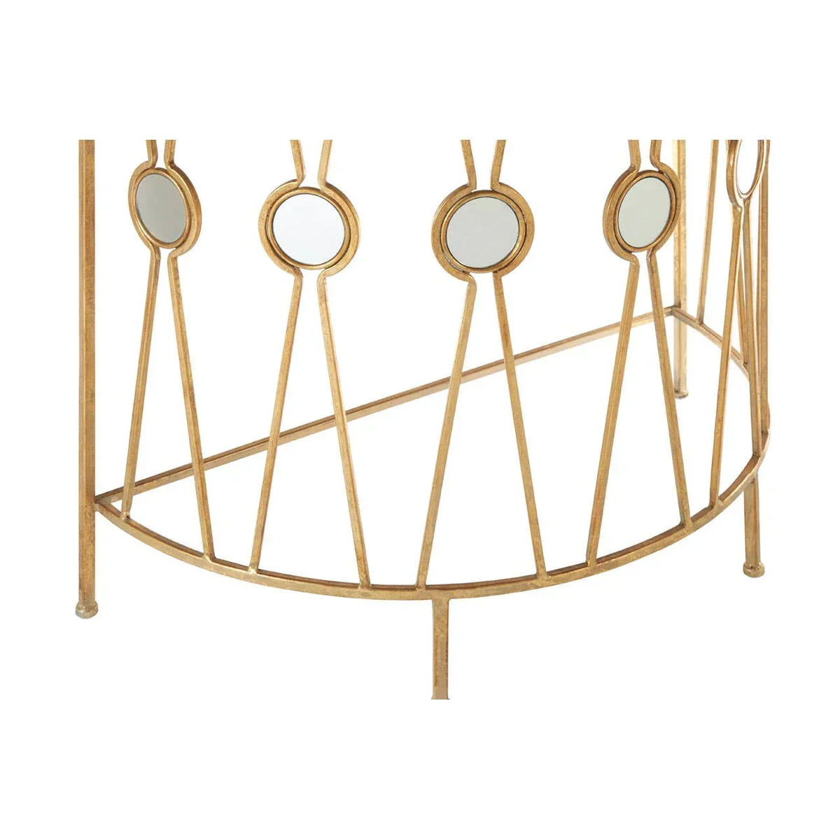 Gold metal table base with geometric pattern and circular mirrored accents